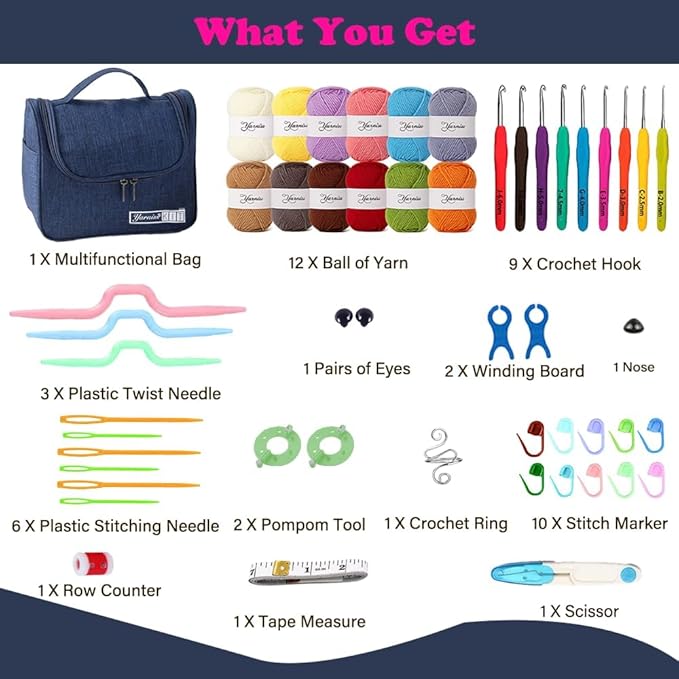 yarniss crochet kits for beginners,all in one crochet kits with 840 yards crochet yarn,ergonomic crochet hooks set with yarn for adults,navy