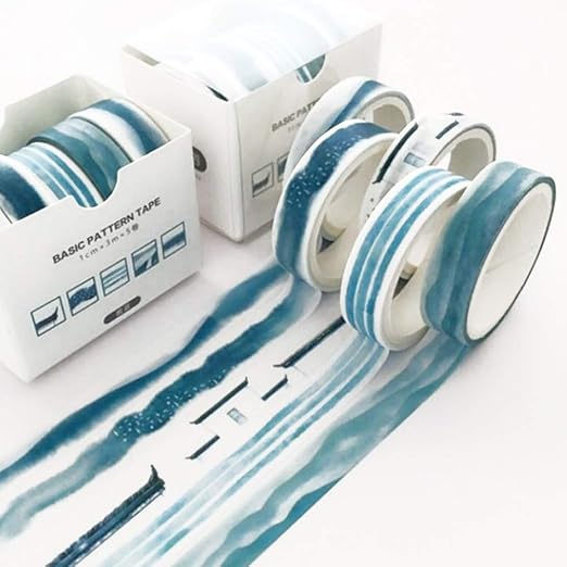 YUBBAEX 5 Rolls Washi Tape Set Creative Basic Skinny Masking Decorative Tapes for Arts, DIY Crafts, Journals, Planners, Scrapbooking, Wrapping (Ink Blue)