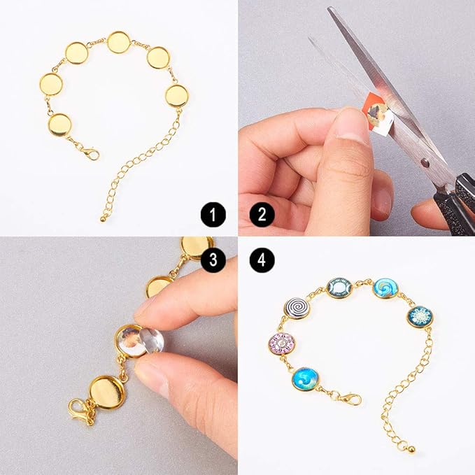 PH PandaHall 10pcs Adjustable Bracelet Chain, 12mm Bracelet Bezel Settings for Jewelry Making with 6 Tray Blank, 60pcs 12mm Clear Glass Cabochons for DIY Bracelets Making, Silver & Golden