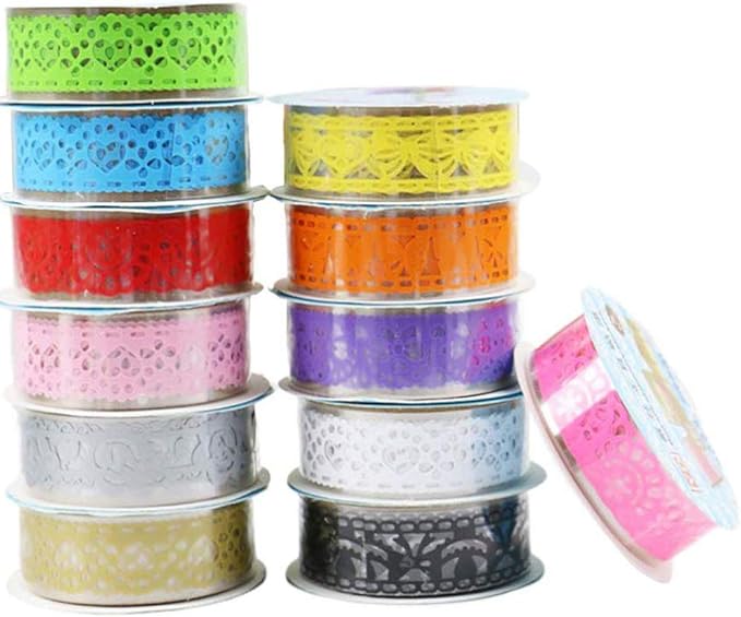Lace Pattern Self-Adhesive Tape, Qtopun 12 Rolls Glitter Bling Sticker Colorful Sticky Paper Tape for DIY, Decorative Craft, Gift Wrapping, Scrapbook
