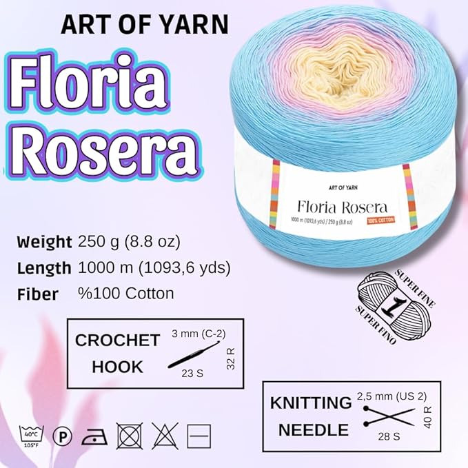 Floria Rosera 100% Cotton Yarn - 250g (8.80oz), 1094 Yards - Vibrant Multicolor Rainbow Yarn for Crochet, Knitting, Amigurumi & Crafts - Ideal for Spring & Summer Projects 99311