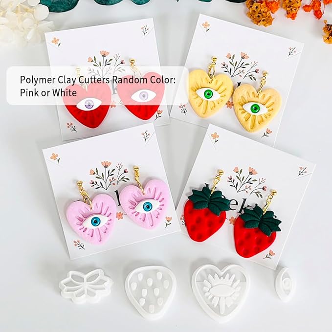 Xaekicr 4PCS Polymer Clay Cutters Set - Eye, Strawberry, Clover Heart Shape Clay Earring Cutters for DIY Jewelry Making, Clay Tools and Polymer Clay Molds