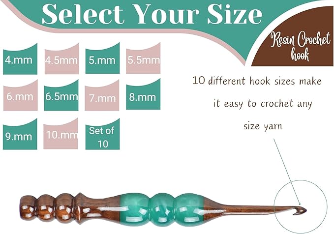 Wooden Crochet Hooks Set for Arthritic Hands | Ergonomic Soft Grip - Resin Mix Indian Rosewood Crochet Hook Set for Crocheting & Knitting (Green, Set of 7)