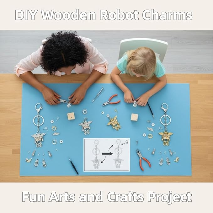 DEUXPER Wooden Steampunk Robot Charms DIY Kit for Jewelry Making & Crafts Projects - Creative Robot Keychain Building Kit for Crafting Lovers - Perfect Gifts, Home Decor, STEAM Education
