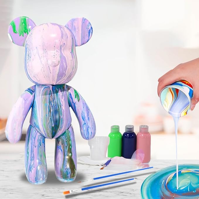 HANDA DIY Painting Fluid Bear Teddy Bear Painting Kit Set Creative Home Decorations Handmade Doll Figurine Toys Gift for Birthday Valentines (13.4 inch, Pink+Green+Blue)
