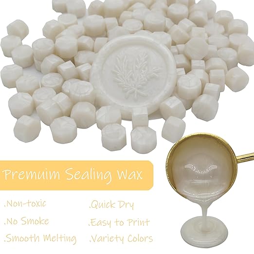 Wax Seal Beads Kit - 300pcs Pearl White Sealing Wax Beads with Wood Melting Warmer, Spoon & 10 Mini Candles for Stamp Seals, Wedding Invitation, Envelope, Cards, Gift Wrapping Decorations