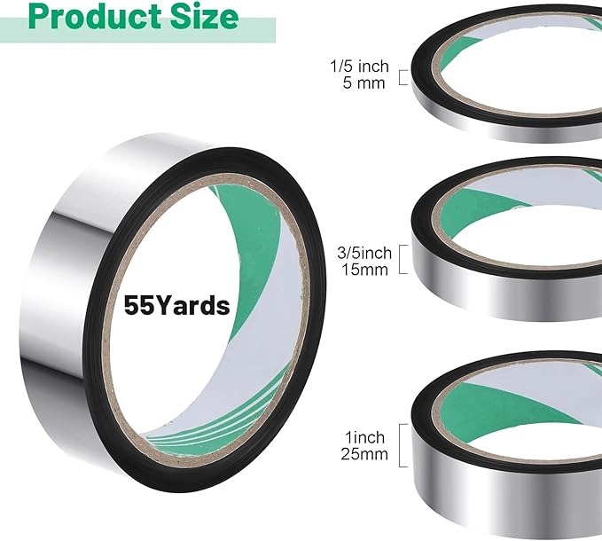 Zonon 3 Sizes Laser Silver Self Adhesive Polyester Film Tape Washi Tape for Car Furniture Graphic Arts Walls Decor, 55 yds(5/15/25mm)