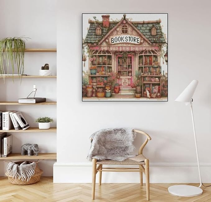 MYBISYMQQ Book Store Cross Stitch Kits for Adults,11CT Stamped Cross Stitch Kits for Beginner,DIY Needlepoint Embroidery Patterns Kits Embroidery Patterns for Home Wall Decor 13.7x13.7 inches