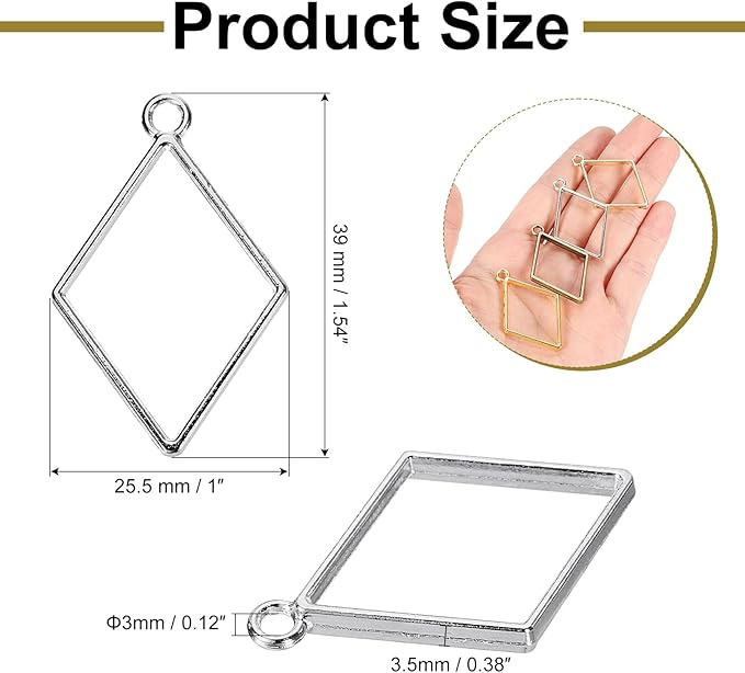 uxcell 60Pcs Alloy Open Bezel Pendants, Diamond Shape Hollow Frame Pendant Geometric Open Back Frame Pendant for Resin Jewelry Making Earrings Necklace Bracelet DIY, Silver Tone