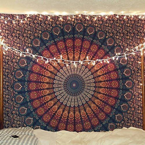 bless international handmade indian hippie bohemian psychedelic peacock mandala wall hanging college dorm beach throws table cloth bedding tapestry (golden blue, poster(30x40inches)(76x101cms))