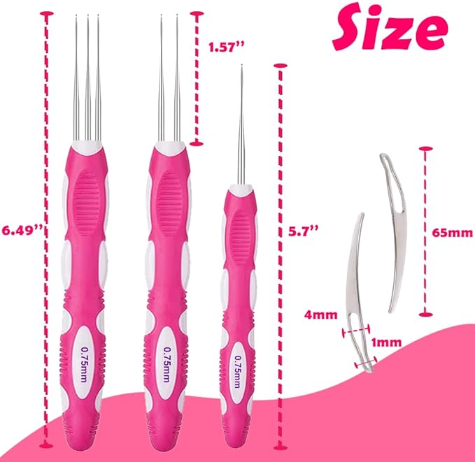 Yarniss Dreadlocks Crochet Hooks with Ergonomic Handle, Braid Hair Locking Tool, 3pcs Dreadlock Crochet Needle 0.75mm