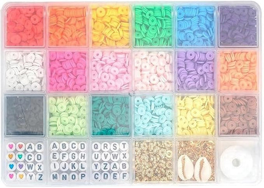 Believo 24-Grid DIY Polymer Clay Beads Set with Alphabet Letters, Heart Spacers, Shell Charms, Lobster Clasps, Jump Rings, Golden Spacers, Elastic String, 18 Colors, Friendship Bracelet Making Kit