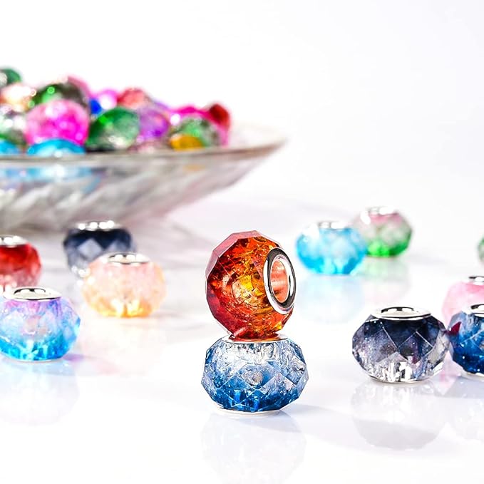 AIPRIDY 100Pcs 15x11mm Painting Murano Large Hole Glass Beads Mix Color with Silver Brass Cores European Charm fit Bracelet Necklace (Crack Up and Down Bicolor Faceted)