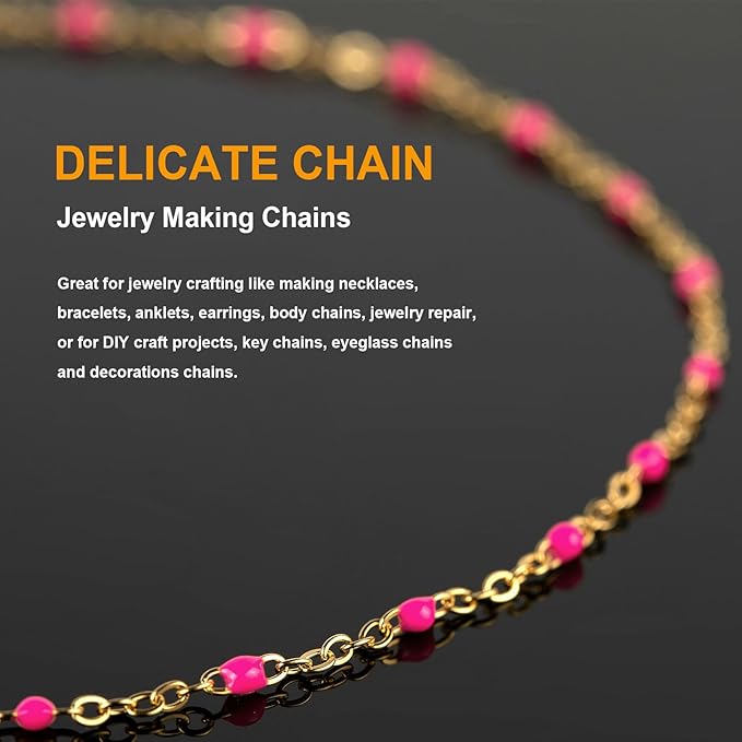 KYUNHOO 16.4 Feet/5M Rose Red Enamel Beaded Chain for Jewelry Making Gold Plated Stainless Steel Chain Spool Cross Cable Link Chains Bulk with Lobster Clasps and Jump Rings