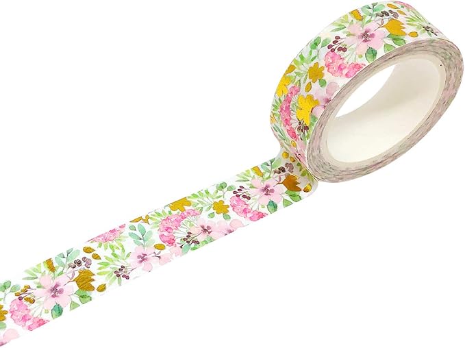 allydrew Gold and Silver Foil Washi Masking Tape, 15mm x 5M, Pink Flowers