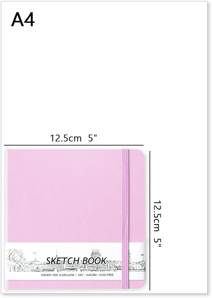 5" x 5" Hardcover Sketch Book,Small Mixed Media Sketch Pad,58 Sheets 150GSM Acid-Free Artist Drawing Paper,Travel Journal Blank Notebook for Adults Painting,Illustration,Art Supplies.Purple Pink