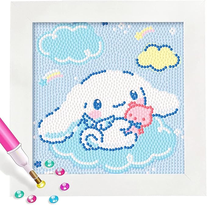 PERFECTSIGHT Cute 5D Diamond Art Kits with Wooden Frame, Kawaii DIY Painting Art for Adults Teen, Diamond Arts and Crafts Sets, Big Gem Full Drill Diamond Dots for Women Beginners (Big Ear)