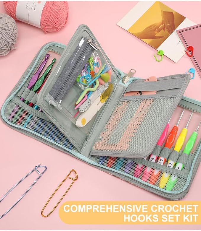 Dasonwin 60-Piece Ergonomic Crochet Hooks Set with Travel Case - Aluminum Crochet Needles Kit for Beginners & Experts, Arthritis-Friendly Design, Includes Stitch Markers & Accessories (Green)