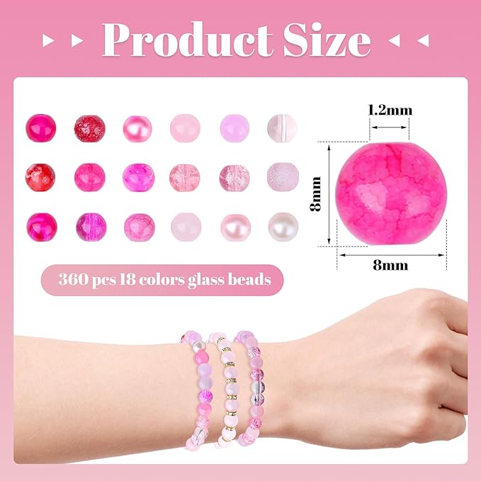 DUQGUHO 8mm Pink Beads for Jewelry Making Pink Glass Beads for Crafts Rose Glass Round Bead for Bracelets, Necklaces & DIY Crafts 360PCS