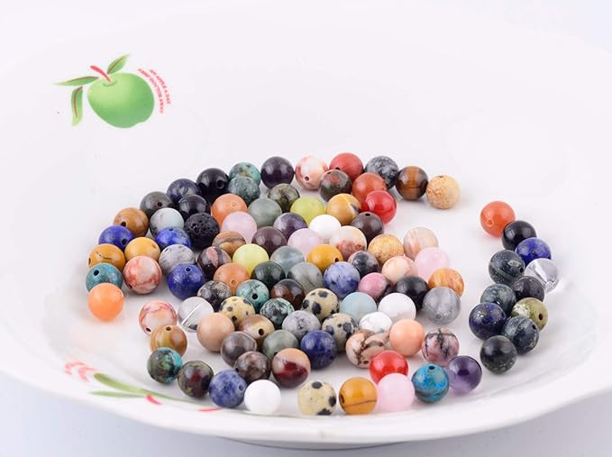 Natural Stone Beads 100pcs Round Genuine Real Stone Beading Loose Gemstones Hole Size 1mm DIY Smooth Bead for Bracelet Necklace Earrings Jewelry Making (Natural Stone Beads Multicolor, 10mm)