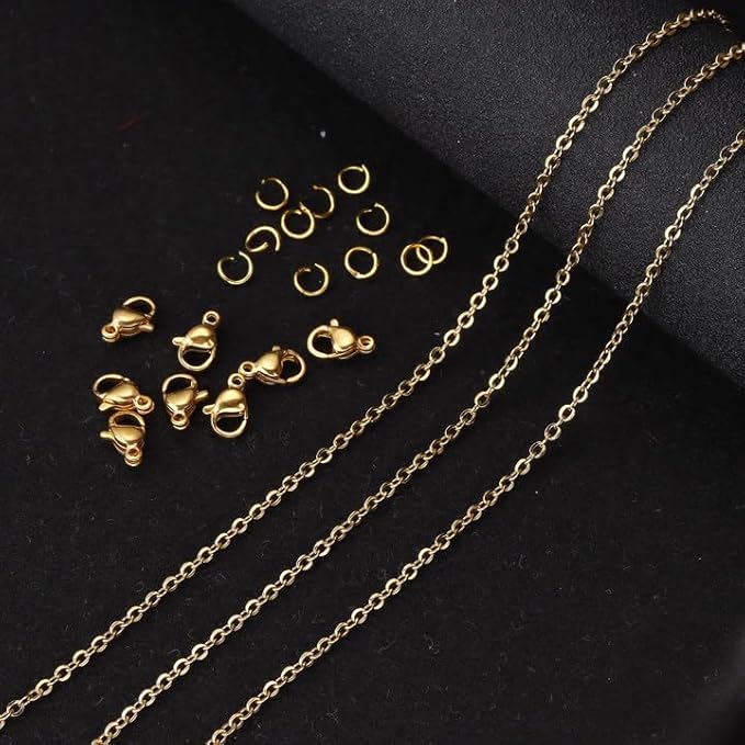 Topacket 33Feet 18K Gold Stainless Steel Necklace Chains Cable Link Chains for Jewelry Making DIY Craft Kit with Lobster Clasps Jump Rings