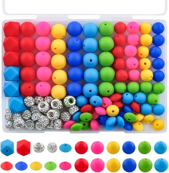 120Pcs Multicolor 12mm 15mm Silicone Beads for Keychain Making, 14mm Hexagon Beads Rhinestone Round Spacer 10mm for DIY Handicrafts(Bright)
