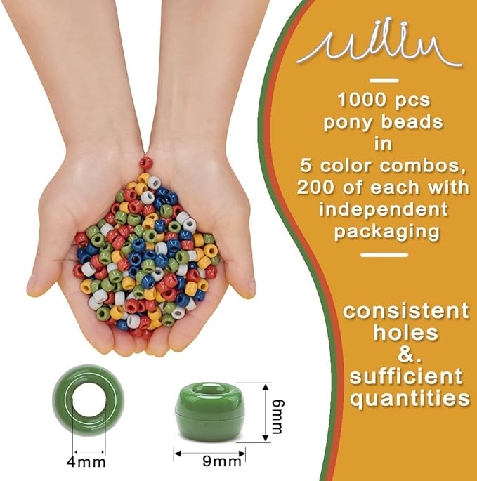 MIIIM 1000PCS 6x9mm Earth Tone Pony Beads Bulk, 5 Styles Kandi Beads for Bracelets Making Kit, Hair Braids Crafts for Jewelry Making (Earth)