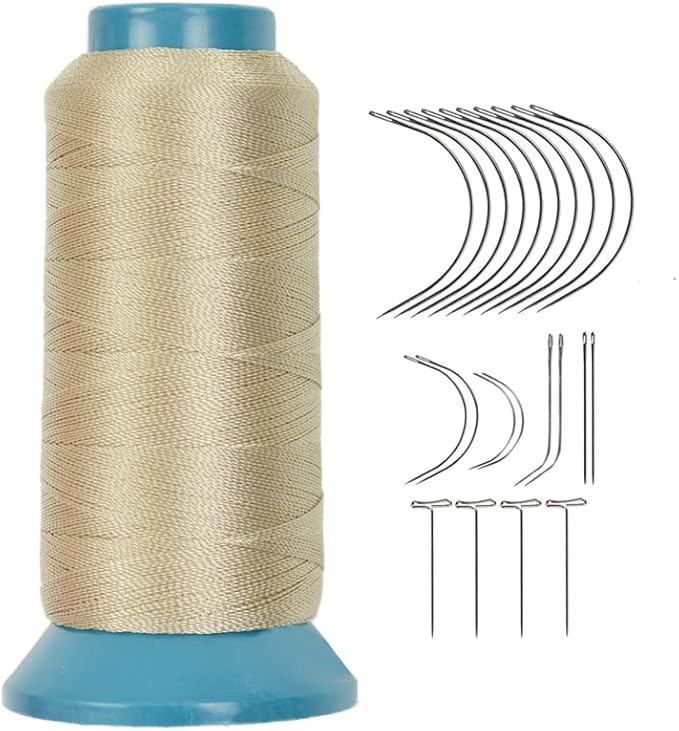Hair Weaving Thread with T/C/J/I Needles 1500 Yard Strength Polyester Thread Sewing Thread for Making Wigs Hair Extension Kit (Gray Blonde)