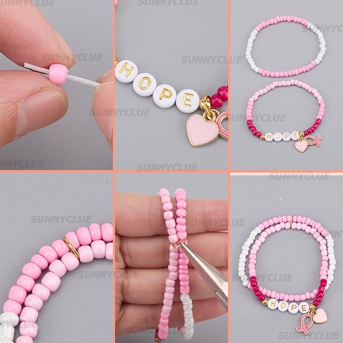 SUNNYCLUE 1 Box About 680Pcs DIY 6 Sets Breast Cancer Awareness Bracelets Pink Bracelet Making Kits Alphabet Ribbon Heart Letter Charms for Jewelry Making Kit Supplies Women Beginners Adult Starter
