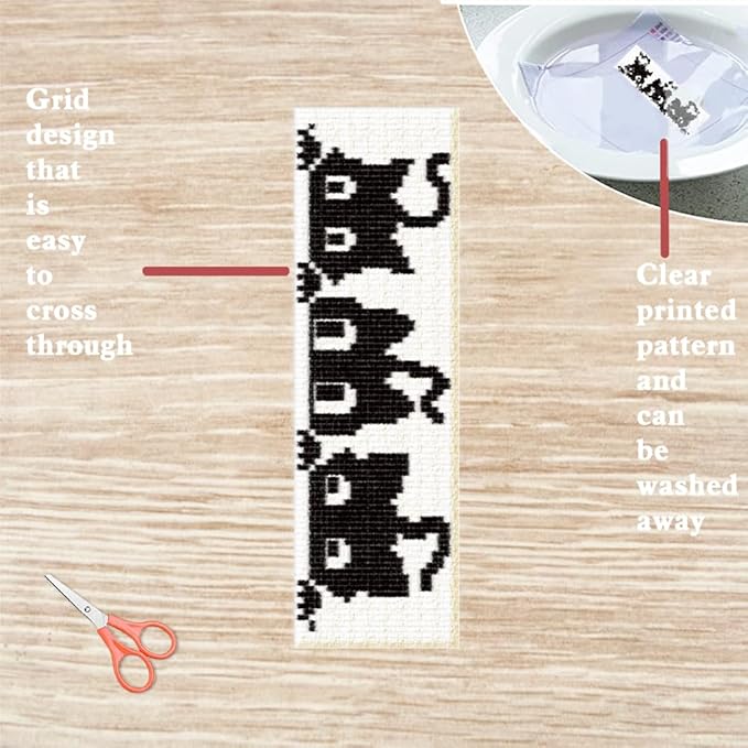 FREEBLOSS 6 Set Cross Stitch Bookmark Kit Stamped Cross Stitch Kit Black Cat Embroidery Set with Instruction for Adults 8''*2.4''