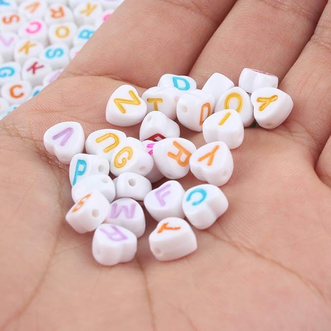 Song Xi 1200pcs White Heart Acrylic Alphabet Beads - Colorful Letter Beads 4x7mm for Bracelets and Jewelry Making
