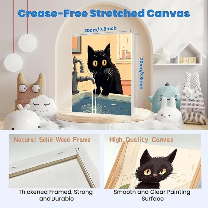 Funny Black Cat Paint by Numbers Kit for Adults Beginners, 4 Pack Cute Cat Easy Framed Adults Paint by Numbers Kits, DIY Black Cat Acrylic Oil Painting Number Kits for Home Wall Decor (8 x 8 Inch)