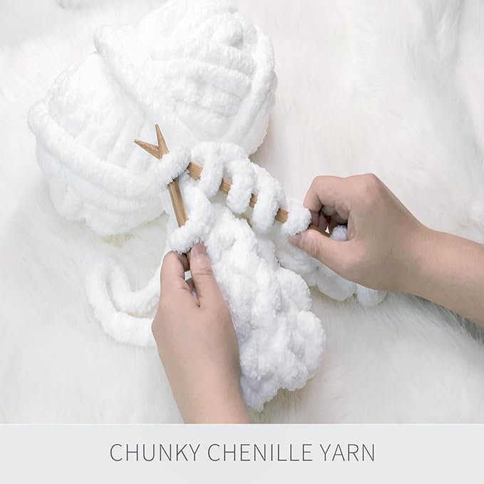 White Chunky Chenille Yarn for Crocheting Bulky Thick Fluffy Yarn for Knitting,Super Bulky Hand Blanket, Soft Plush Yarn Crochet Carpet/Scarf/Cushion/ 8 Jumbo Pack(63.76oz/197.68yd