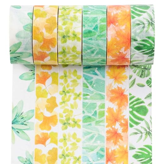 YUBBAEX Lush Plants Washi Tape Set 6 Rolls Floral Masking Decorative Tapes 15mm Wide (Feeling of Leaves)