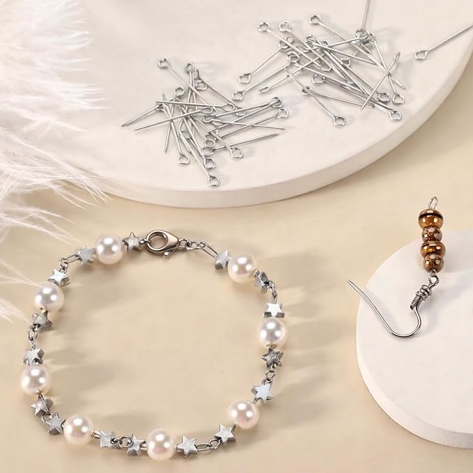 Junkin 1400 Pcs Eye Pins Mix Jewelry Findings 0.63 * 0.79 * 1.18 in Open Eye Head Pins Findings for Jewelry Making DIY Necklace Bracelets (Silver)