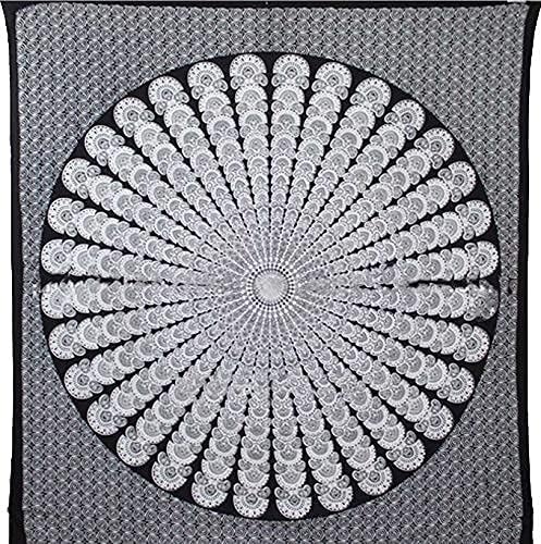 bless international handmade indian hippie bohemian psychedelic peacock mandala wall hanging college dorm beach throws table cloth bedding tapestry (black white, king(88x104inches)(225x265cms))