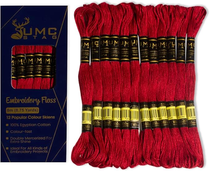 12 Pieces Red 47/321 Premium Embroidery Thread | 100% Egyptian Cotton Premium Skeins | Cross Stitch Embroidery Floss | Oeko TEX Certified Stranded Cotton (Red)