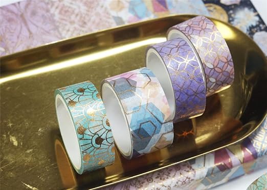 YUBBAEX Mystic Gold Washi Tape Set Wide Silver Foil Masking Tape Decorative for Arts, DIY Crafts, Journal Supplies, Planners, Scrapbook, Card/Gift Wrapping (Geometric Aesthetics)