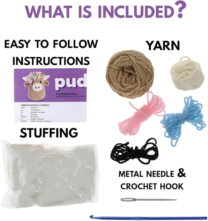 LEISURE ARTS Crochet Kit, Pudgies Highland Cow, Tan, 4", Crochet Kit for Beginners, Complete Kit, Animal Kits, Animal DIY Amigurumi Kits