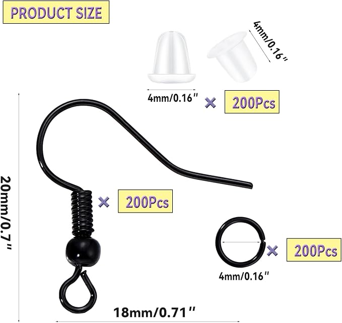 600Pcs Hypoallergenic Earring Hooks, Black Earring Making Kit, with Earring Backs and Jump Rings for Jewelry Making (Black)