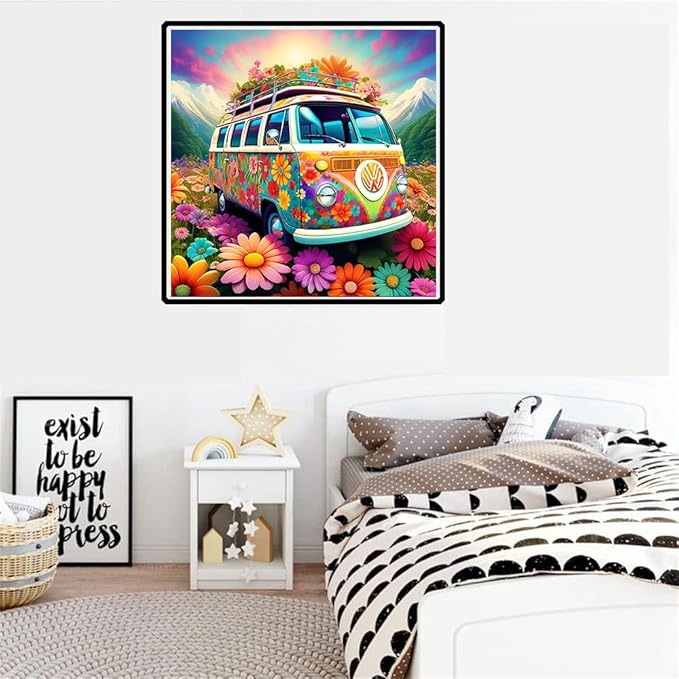 mrpwnle Flowers Bus Diamond Painting Kits for Adults-Flowers Bus Diamond Art Kits for Adults,5D Diamond Painting Bus,DIY Full Drill Diamond Painting Flower Gem Art and Crafts Kits 12x12inch