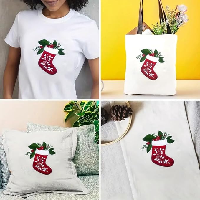 Zhenqing Christmas Stocking Embroidery Kit - 29x29cm Printed Fabric, Hoop & Tools for Beginners (C0035)