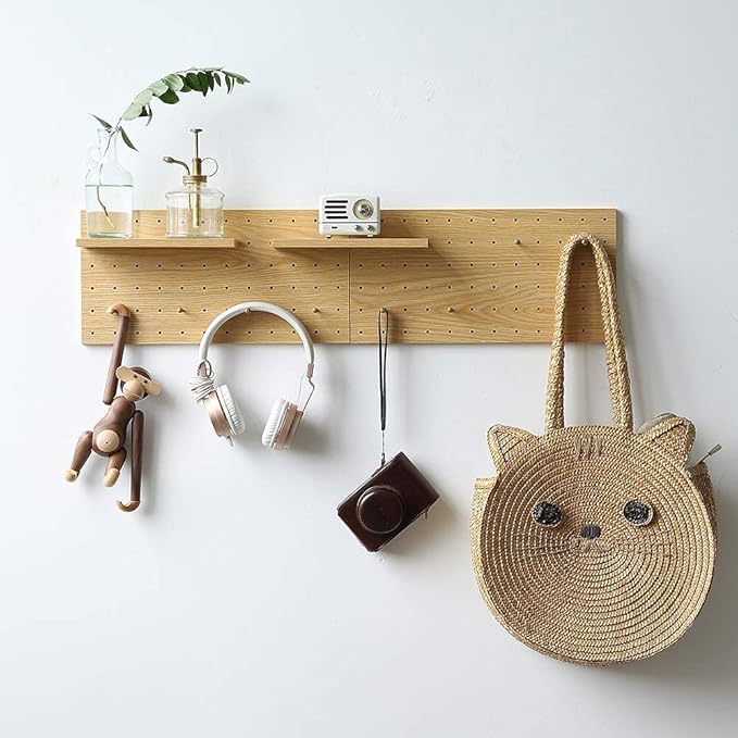Wooden Pegboard Modular Display Organization Storage Wall Hooks Shelf (Color:Oak)