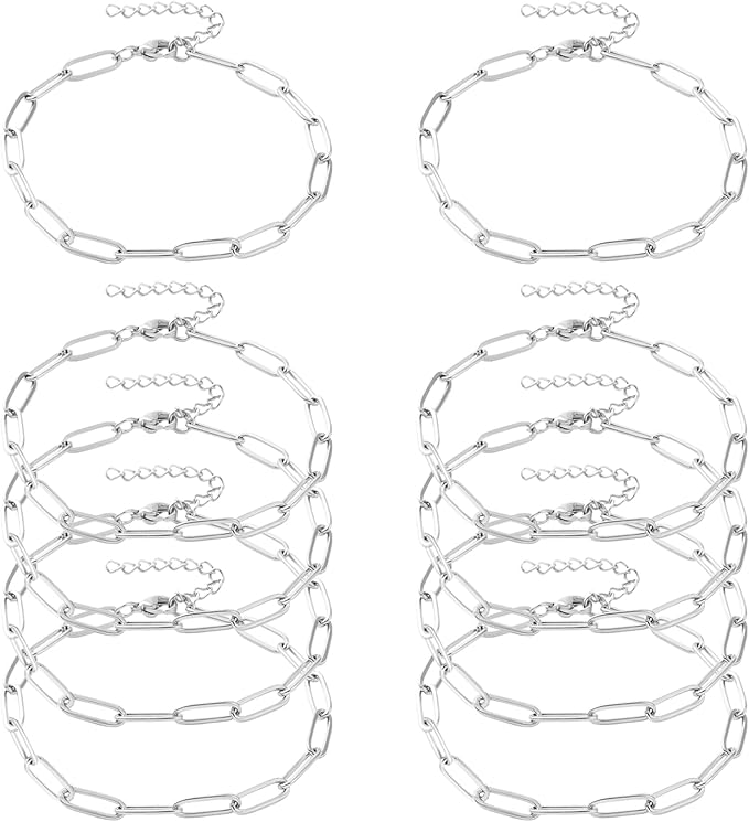 Exway 10 Pcs Paperclip Charm Bracelets Chain 6.5 Inch Stainless Steel Sliver Chain Bracelets Kit with Lobster Clasps for Crafts DIY Women Jewelry Making