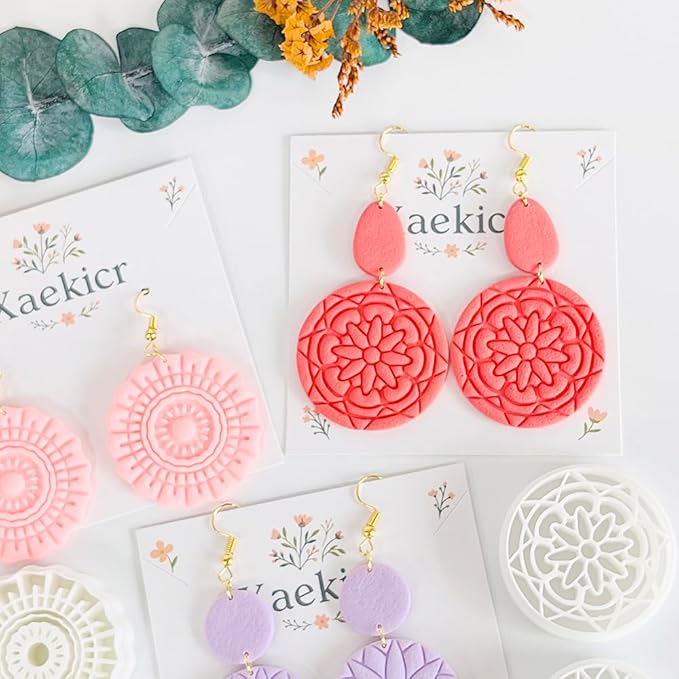 Xaekicr 5PCS Floral Polymer Clay Cutters Set - Round Clay Earring Cutters with Texture Molds for DIY Jewelry Making, Clay Tools for Earrings