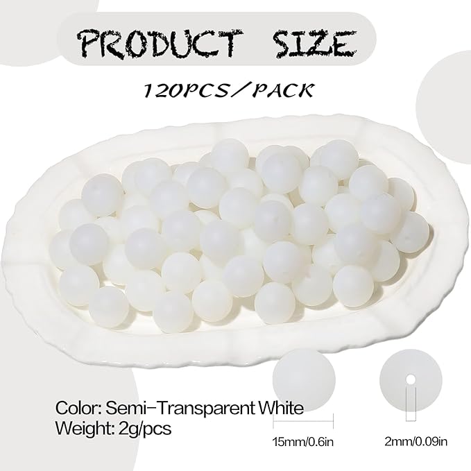 120pcs Richbunnys 15mm Bulk Silicone Beads for Pens and Keychain Making,Large Bead for Necklace and Bracelets Making,Assorted Rubber Beads Set（Semi-Transparent White）