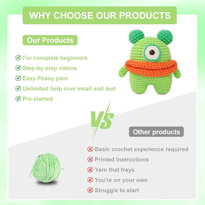 Autglint Monster Crochet Kit for Complete Beginners, Amigurumi Animal Starter Kit with Detailed Video Tutorials, Learn to Crochet Kit with Non-Split Pre-Started Yarn - Green Monster