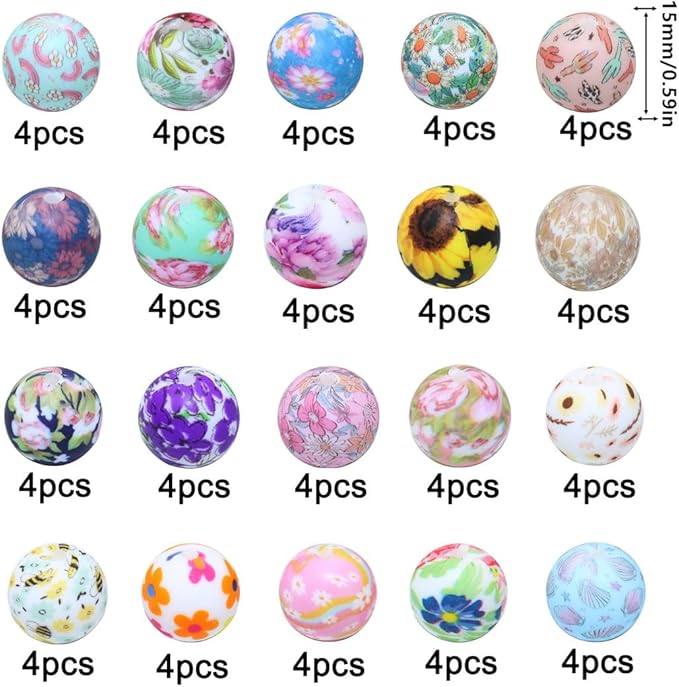 80Pcs 15mm Silicone Beads Bulk Flower Focal Silicone Beads for Keychain Making Necklace Jewelry DIY Bracelet Making Kit (Flower)