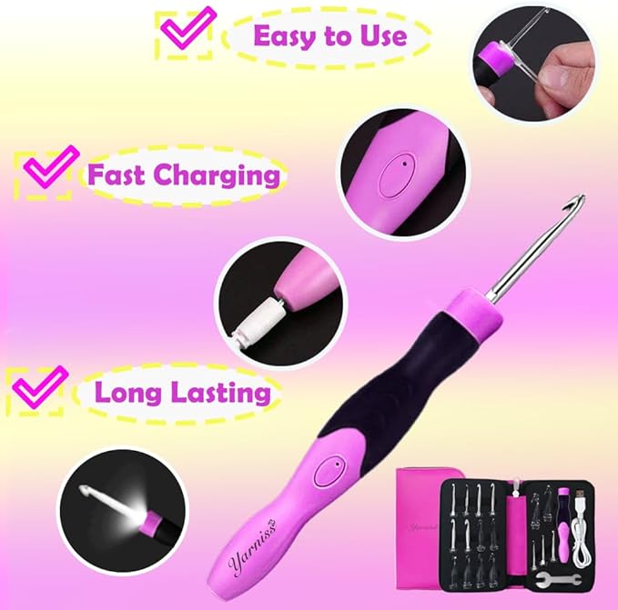 Yarniss 17 Size Lighted Crochet Hooks Set 2.5 mm to 14.0 mm, Metal Rechargeable Light Up Crochet Hooks with Case
