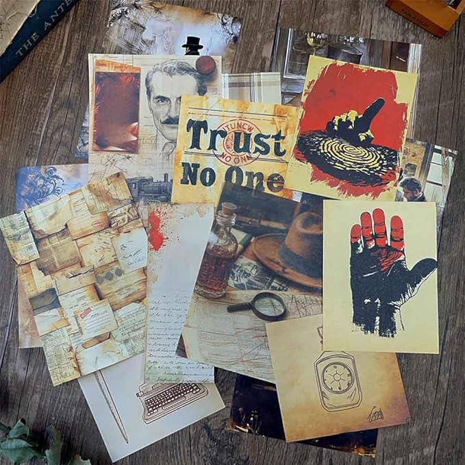 42Pcs Detective Gothic Scrapbook Paper Sheets for Junk Journal Supplies, Vintage Aesthetic Ephemera for Journaling, Decoupage, Scrapbooking, Dark Academia Wall Collage Room Decor Kit